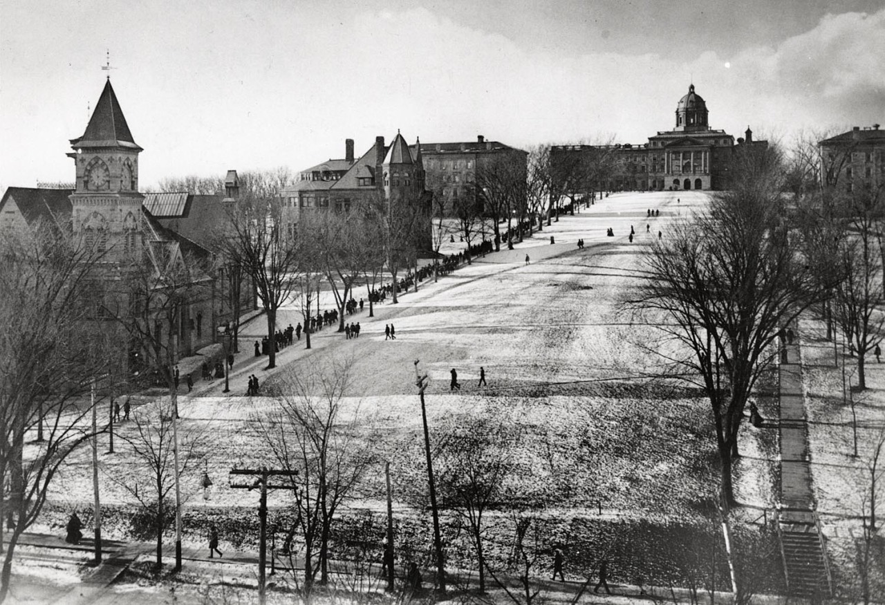 Students walk along a snowy Bascom Hill at the University of Wisconsin